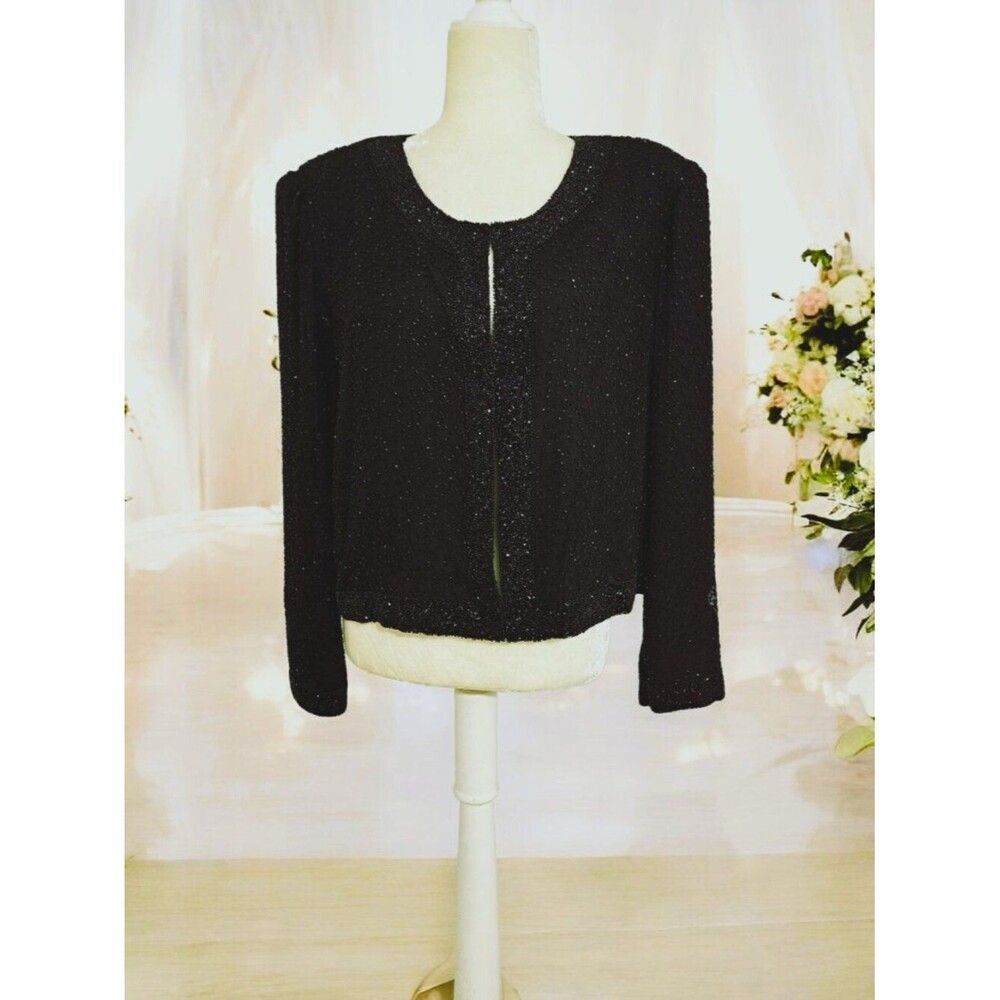 Stenay Women's Black Silk Beaded Crop Cocktail Jacket Vintage Long Sleeve Sz XL